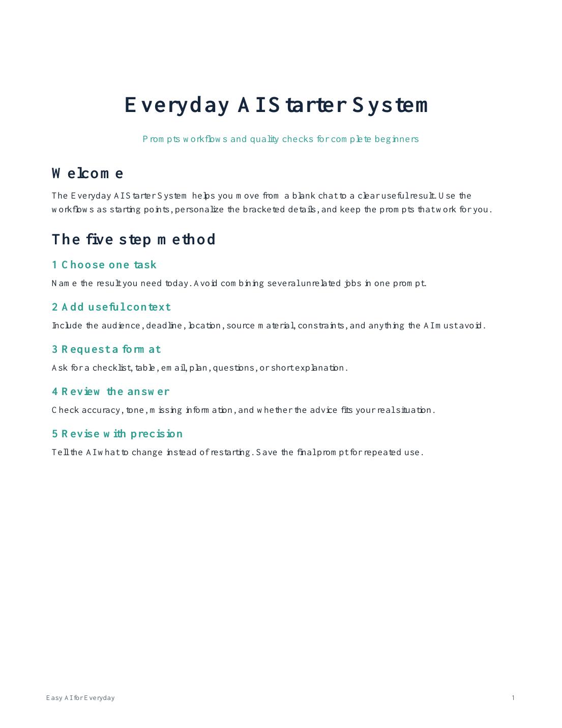 Opening page and five-step method from the Everyday AI Starter System